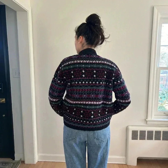 VTG TALBOTS Hand Knit Chunky 100% Wool Zip oversized Sweater S Holiday Fair isle - Picture 3 of 7